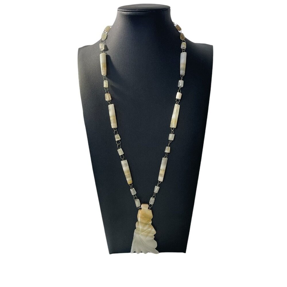 VTG Hand Carved Mexican Off‎ White Marble Onyx Aztec Stone Pendant Necklace READ